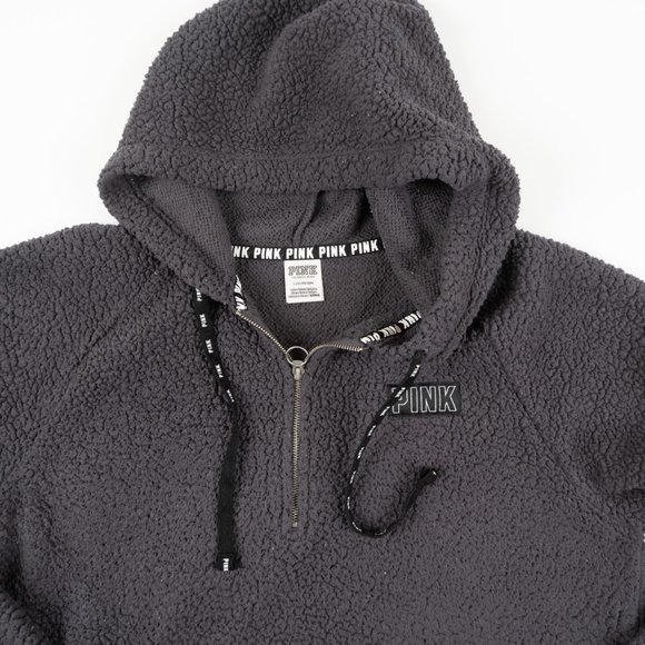 PINK by Victoria's Secret grey 1/2 zip sherpa fleece hoodie size L - Picture 3 of 10